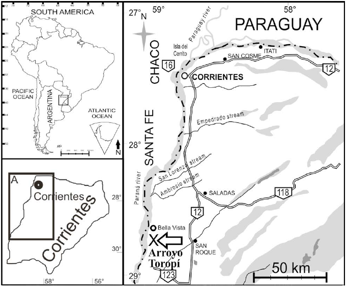 Mapa de ubicaci&oacute;n mostrando el &aacute;rea de
estudio en la Provincia de Corrientes, localidad de Bella Vista, donde fueron
hallados los termiteros f&oacute;siles.