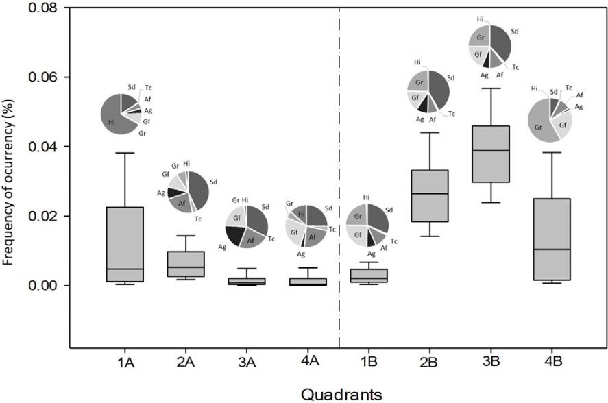 Space used by a dyad of Amazonian manatees in captivity to develop social behaviours. Quadrants names correspond to Figure 2, and
those named with B were shaded areas. Sd = Synchronized displacement, Tc = Tactile contact, Af = Affiliative, Ag = Agonistic, Gf = Group feeding,
Gr = Group resting, Hi = Human interactions.