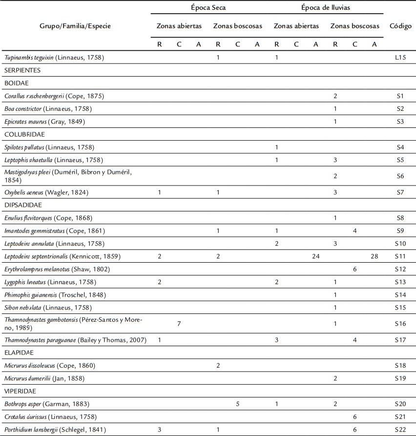 Lista de especies de reptiles del bosque seco tropical al norte de la regi&oacute;n Caribe, departamento del Cesar y su distribuci&oacute;n entre zonas
abiertas y boscosas y por &eacute;pocas clim&aacute;ticas. R, raras (< 5 ind), C, comunes (< 20 ind) y A, abundantes (> 20 ind). Cont.