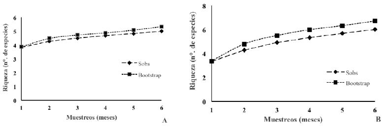 Curvas
de acumulación de especies. Sobs
= riqueza observada; Bootstrap = estimador no
paramétrico