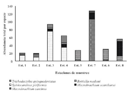 Abundancia
total por especie en las estaciones de muestreo de la cuenca del río Sinú,
Córdoba, Colombia. Río Sinú