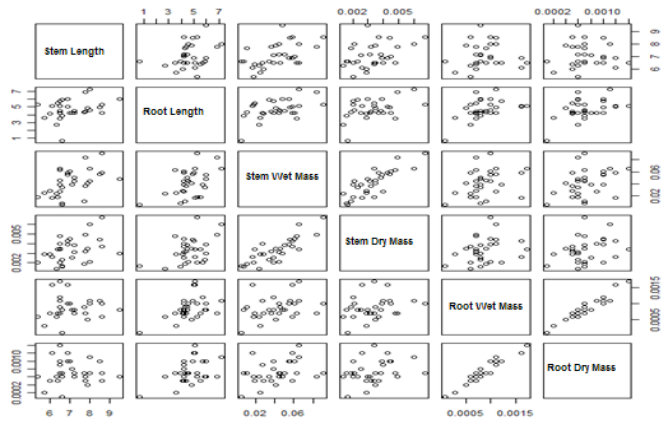 Scattergram of the variables studied: Stem Length, Root Length, Wet Stem Weight, Dry Stem Weight, Wet Root Weight, Dry Root Weight.