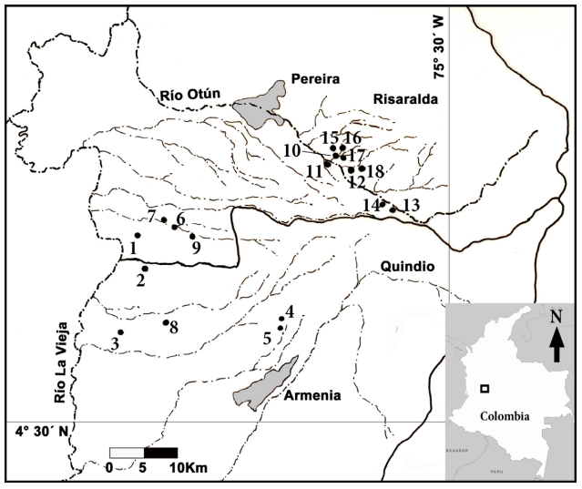 Mapa de un sector de la Ecorregión Cafetera que presenta los sitios de muestreo (1-18) en las cuencas de los ríos La Vieja y Otún. Los números corresponden a los códigos del Apéndice 1. Fuente: Plancha Cartográfica 224. Departamentos de Caldas, Quindío, Risaralda y Valle del Cauca (Instituto Geográfico Agustín Codazzi 1974).