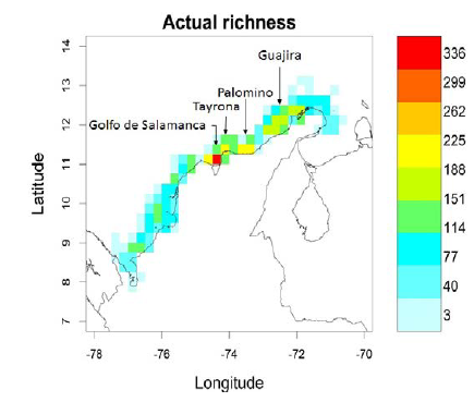 Observed distribution of soft-bottom fish species richness in the Colombian Caribbean shelf and slope. Spatial units are 15 x 15 minutes in size. The color scale refers to the species number range. Highlighted zones are those with high observed species richness.