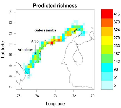 Predicted soft-bottom fish species richness in the Colombian Caribbean Sea shelf and slope. The estimator of asymptotic species richness is the mean value obtained from the Chao, first-order jackknife, second-order jackknife and bootstrap indices per spatial unit, as calculated using the KnobR application. The color scale refers to the species number range. The highlighted zones are those with a relatively low to medium observed number of species but with a relatively high predicted species richness. Arco Zone= coralline archipelago. Spatial unit size is the same as in Fig. 1.