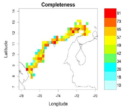 Spatial estimation of completeness (observed versus predicted species richness presented as a percentage) of the soft-bottom fish species richness inventory in the Colombian Caribbean shelf and slope. No spatial unit reached 100 % completeness. The color scale represents the percentage completeness range. Spatial unit size same as in Fig. 1.