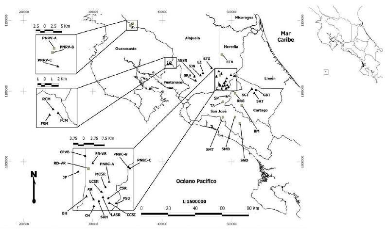 Reporte de distribuci&oacute;n de los sitios de muestreo realizados en Costa Rica para el monitoreo del anf&iacute;podo terrestre Talitroides topitotum. Las figuras geom&eacute;tricas indicadas como tri&aacute;ngulos oscuros (): presencia de T. topitotum y cuadros grises (): ausencia de T. topitotum. El significado del c&oacute;digo del mapa se revela en la tabla 1.