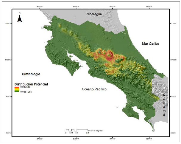 Distribuci&oacute;n potencial de Talitroides topitotum en Costa Rica, utilizando el modelo de m&aacute;xima entrop&iacute;a con puntos de ocurrencia, el color rojo indica una alta probabilidad de zonas id&oacute;neas para la presencia del anf&iacute;podo terrestre.