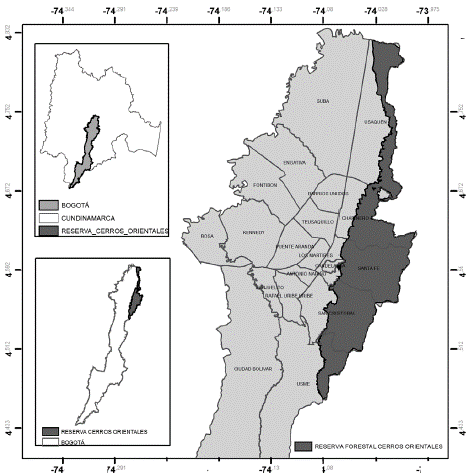Localización de la Reserva Forestal Protectora Bosque Oriental De Bogotá "Cerros Orientales de Bogotá" en Colombia.