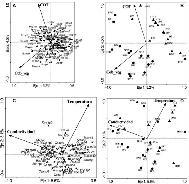 Análisis de redundancia de la relación entre las principales variables ambientales estudiadas con las diatomeas (A y B) y las demás algas (C y D). Humedales con vegetación litoral herbácea se representan con triángulos, y arbórea con círculos. En los apéndices 1 y 2 se describen las siglas de cada una de las muestras y especies. Cob_veg: Cobertura vegetal arbórea, COT: Carbono orgánico total.