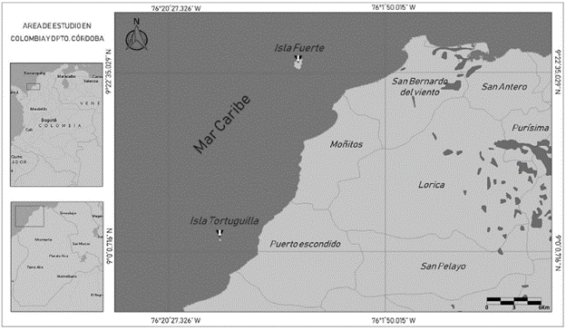 Localización de las Islas continentales frente a la costa del departamento de Córdoba, Caribe Colombiano.