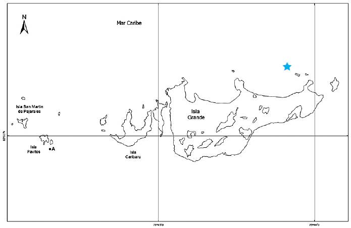 Map of Isla Grande (archipelago of Islas del Rosario). The star indicates the location of the site "Ministerio" where field experiments were performed. (Map drawn by Nicolas Restrepo).