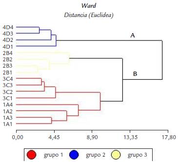 Dendrograma final del an&aacute;lisis de clasificaci&oacute;n de16 genotipos de Solanum quitoense lam., con relaci&oacute;n en el an&aacute;lisis de componentes principales.