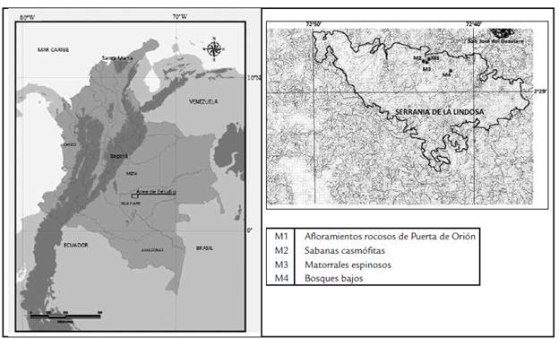 Ubicación geográfica del área de estudio en la Serranía de La Lindosa.