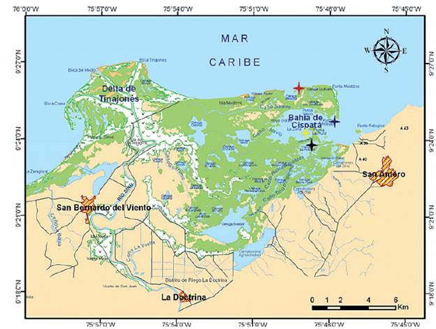 Ubicación geográfica de la Bahía de Cispatá, Colombia (Tomado y modificado de LabSi-INVEMAR, 2007). Rojo, Mestizo; Azul, Humadera; Amarillo, Chorrillo; Negro, Caño Salado.