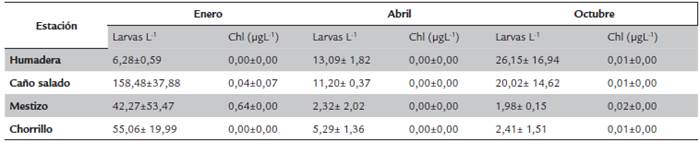 Valores de Larvas L-1 y clorofila (pgL-1) para cada estación. Las altas desviaciones estándar obtenidas responden a las diferencias de Larvas L-1 observadas en las muestras de cada estación.