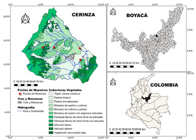 Sitios de muestreo con sus respectivos puntos de colecta. Mapa elaborado po Karem Valentina Rodrguez Calvache.