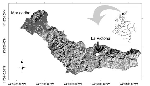 Red de drenaje del ro Gaira (Sierra Nevada de Santa Marta, Colombia), El punto blanco indica el sitio de muestreo denominado como La Victoria. Fuente: elaboracin propia.