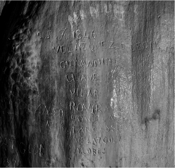 Fotograf&iacute;a del grabado de 1846, testimonio de la visita de Joaqu&iacute;n Vel&aacute;zquez de Le&oacute;n y acompa&ntilde;antes.