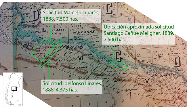Localización de las solicitudes de títulos de propiedad por derechos de posesión de Santiago Cañue Meligner, Marcelo Linares e Idelfonso Linares