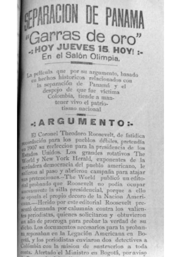 Folleto de promoción de la película Garras de oro en el Salón Olimpia, jueves 15 de marzo de 1928. Fuente: National Archives and Records Administration (NARA), RG 84, Colombia, Diplomatic Post, vol. 285, 1928.