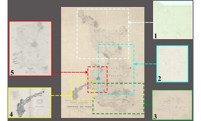 Lizeth Reyes, Planos construidos para la formación de la Hidrografía del Valle de México, 1862, México, LSIG-C del Instituto Mora, 2023.