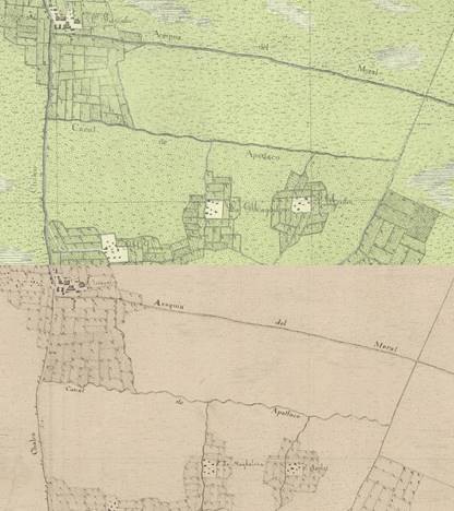 Dibujo y grabado. Representaciones del Canal de Apatlaco. Destalles de Mapoteca Manuel Orozco y Berra. Secretaría de Agricultura, Ganadería, Desarrollo Rural, Pesca y Alimentación, Servicio de Información Agroalimentaria y Pesquera, números clasificadores CGF.DF.M5.V3.0193 y COYB.DF.M44.V8.0467