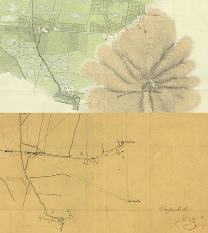 El rumbo del cerro de la Estrella de Iztapalapa en grabado y croquis de la triangulación. Detalles de Mapoteca Manuel Orozco y Berra. Secretaría de Agricultura, Ganadería, Desarrollo Rural, Pesca y Alimentación, Servicio de Información Agroalimentaria y Pesquera, números clasificadores COYB.DF.M44.V8.0467 y COYB.DF.M44.V8.0471