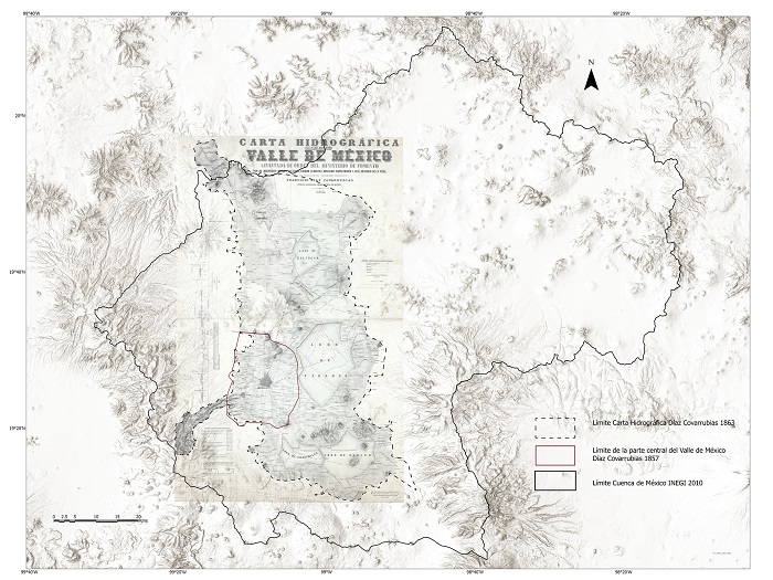 Claudia Coronel y Lizeth Reyes, Imagen georreferenciada de la Carta Hidrográfica del Valle de México 1863 y el Plano topográfico de una parte del Valle de México que contiene el Distrito Federal 1857, México, LSIG-C del Instituto Mora, 2023.