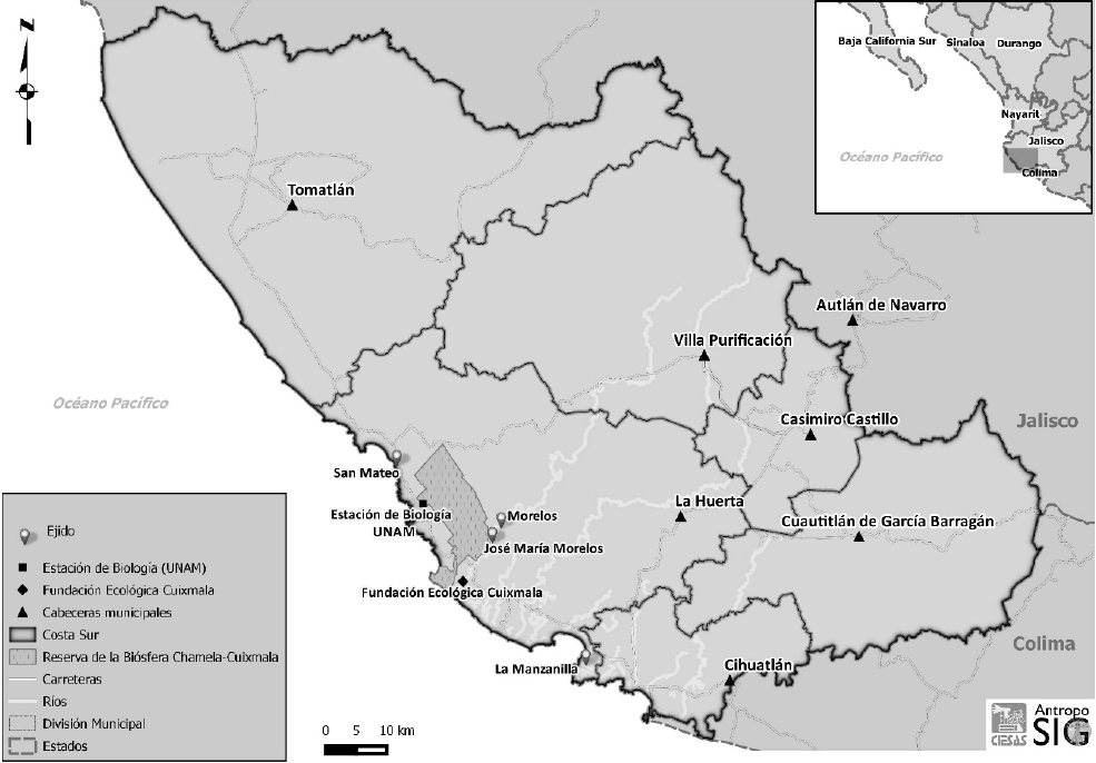 Municipios y localidades relacionadas con iniciativas ambientales recientemente adelantadas en la Costa Sur de Jalisco.