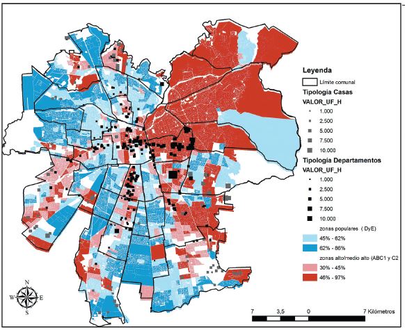 Catastro de proyectos inmobiliarios Gran Santiago 2014 sobre zonas censales populares (D y E) y estratos altos/medios altos (abc1 y c2)