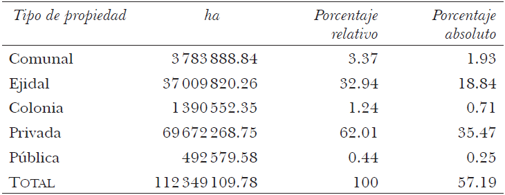 Superficie total por régimen de propiedad, sin incluir las áreas no parceladas y protegidas de las tierras comunales y ejidales