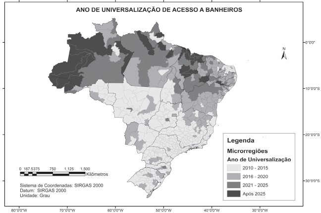 Ano de universalização de
acesso a banheiros desagregado por microrregiões