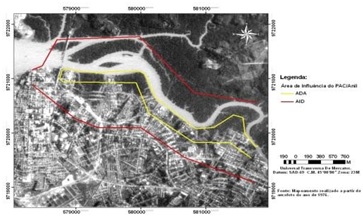 Mapeamento realizado a partir de aerofoto em 1976, evidenciando a ADA e AID de implantação do Projeto de Revitalização no rio Anil
