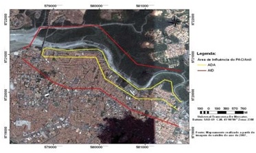 Mapeamento realizado a partir de uma imagem de satélite em 2007,
evidenciando a ADA e AID de implantação do Projeto de Revitalização no rio Anil