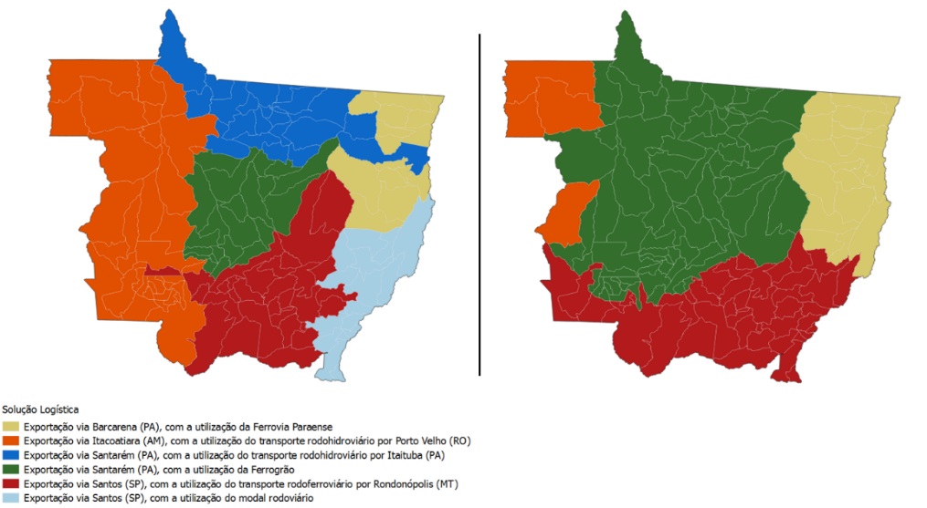 Soluções logísticas de menor custo de transporte esquerda e soluções logística de menor emissão de CO2 direita nos municípios do Mato Grosso