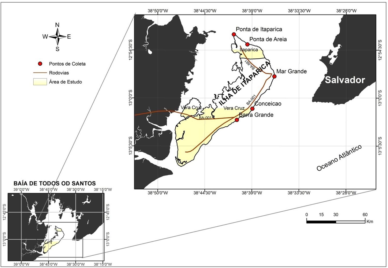 Localização da Ilha de Itaparica e das praias estudadas.