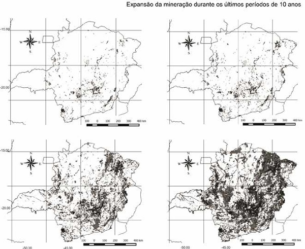 Mapa da expansão da mineração no estado de Minas Gerais durante desde os anos 1980 até o desenho atual.