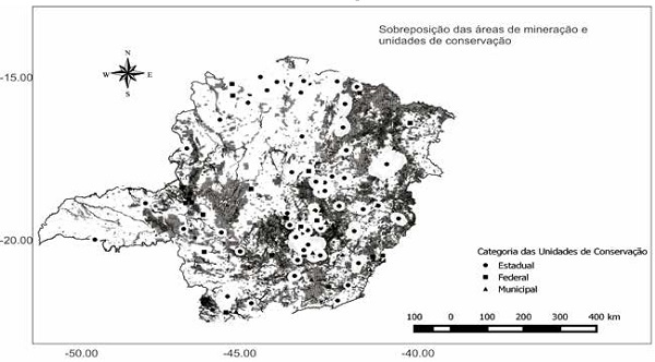 Mapa de sobreposição das áreas de mineração do estado de Minas Gerais (DNPM, 2014) com as Unidades de Conservação presentes na área.