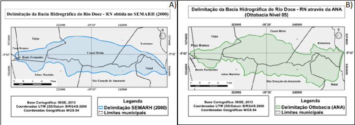 : Delimitações realizadas por órgãos públicos Estadual e Federal, respectivamente (A)SEMARH – RN e (B)ANA.