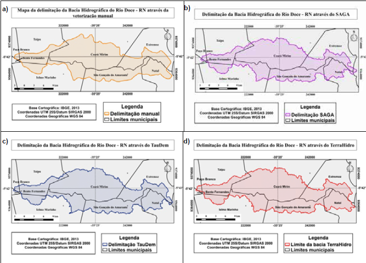 Delimitações manual e automáticas da bacia hidrográfica do Rio Doce – RN: a)Manual, b)SAGA, c)TauDEM e d)TERRAHIDRO.