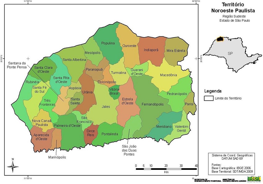 Limites territoriais dos 36 munic&iacute;pios pertencentes ao Territ&oacute;rio Rural Noroeste Paulista e indica&ccedil;&atilde;o de sua localiza&ccedil;&atilde;o no Estado de S&atilde;o Paulo.