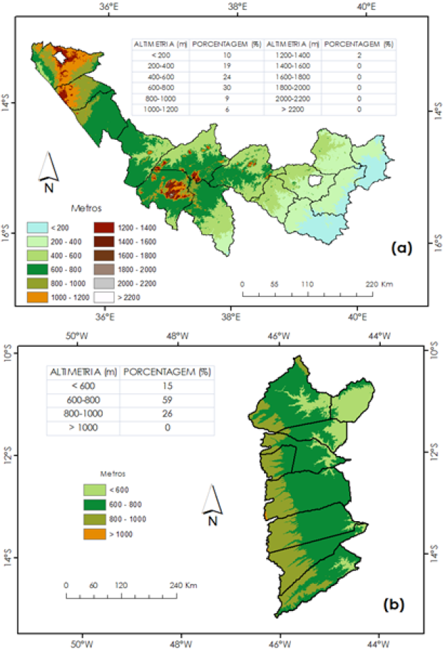  - Mapas
altim&eacute;tricos do Corredor de Nacala (a) e do Oeste da Bahia (b)