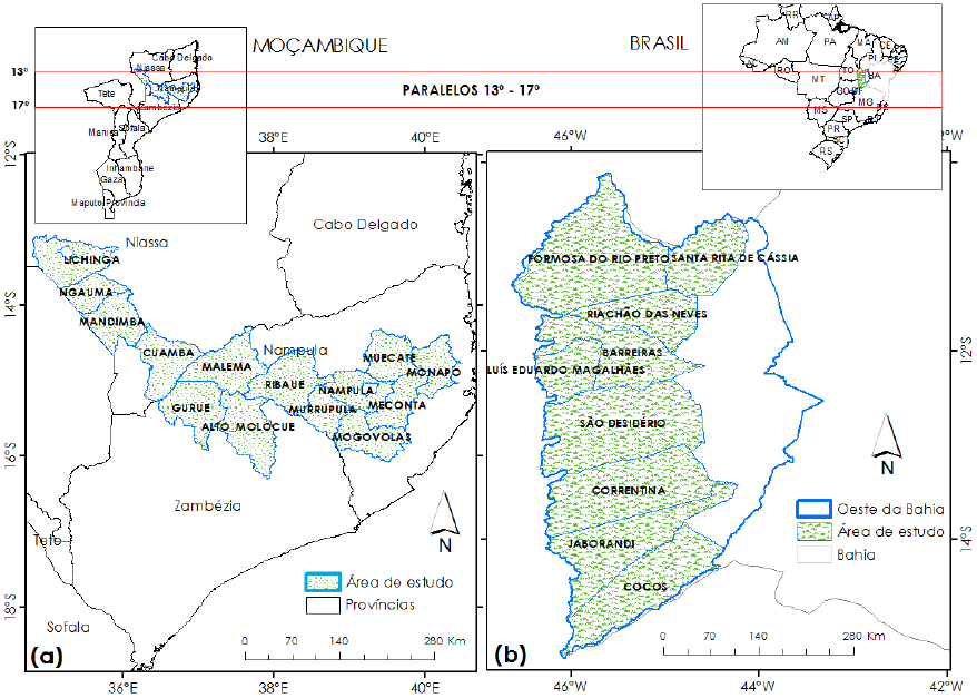 - Localiza&ccedil;&atilde;o das &aacute;reas de estudo no norte de Mo&ccedil;ambique (Corredor de Nacala)
(a) e no Oeste da Bahia (b).