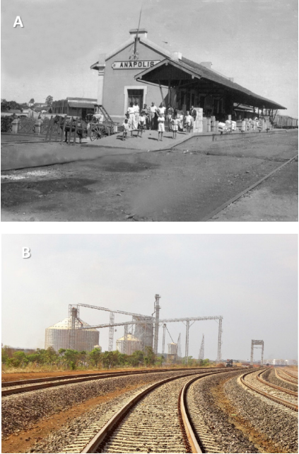 A) Estação
de Anápolis da Estrada de
Ferro Goiás na década de
1940. B) Pátio de Porto
Nacional (TO) da Ferrovia
Norte-Sul em agosto de
2014.