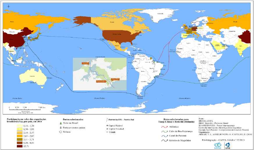Principais
rotas das exportações brasileiras (2015).
