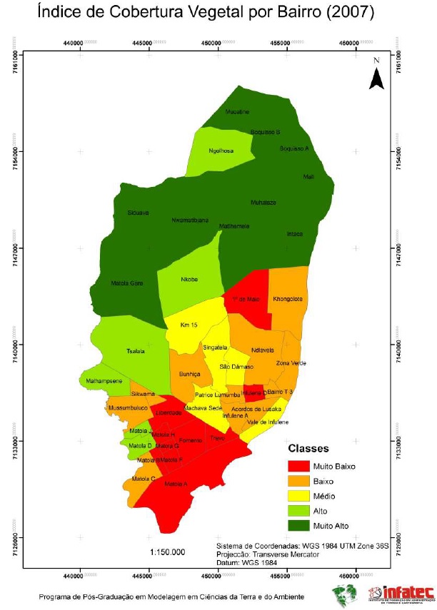 Espacializa&ccedil;&atilde;o do ICV e
distribui&ccedil;&atilde;o da cobertura vegetal por bairros (2007)