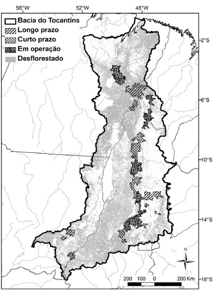 Ottobacias
nível 6 associadas as áreas dos reservatórios previstos e implantados e o
desmatamento.