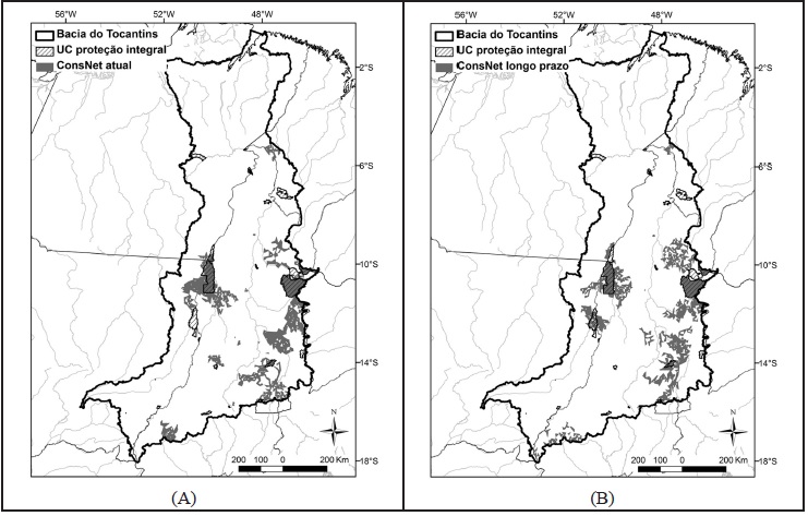 Resultados do
ConsNet, com indicação de áreas prioritárias (amarelo) considerando, além do
desmatamento, (A) o cenário apenas com usinas em operação e (B) operação e
planejadas juntas.