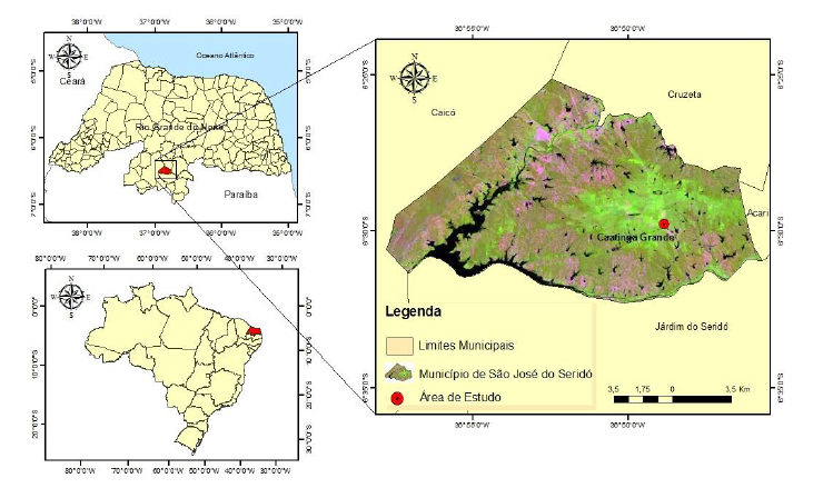 Localização geográfica da comunidade Caatinga Grande e do Município de São José do Seridó/RN.